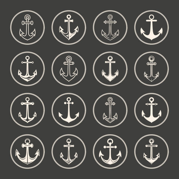 vector anchors. anchor silhouette icon set. black and white anchor with outline. anchor design template collection. vector illustrtion - demir zincir stock illustrations