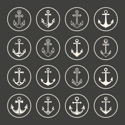 Vector Anchors. Anchor Silhouette Icon Set. Black and White Anchor with Outline. Anchor Design Template Collection. Vector Illustrtion.