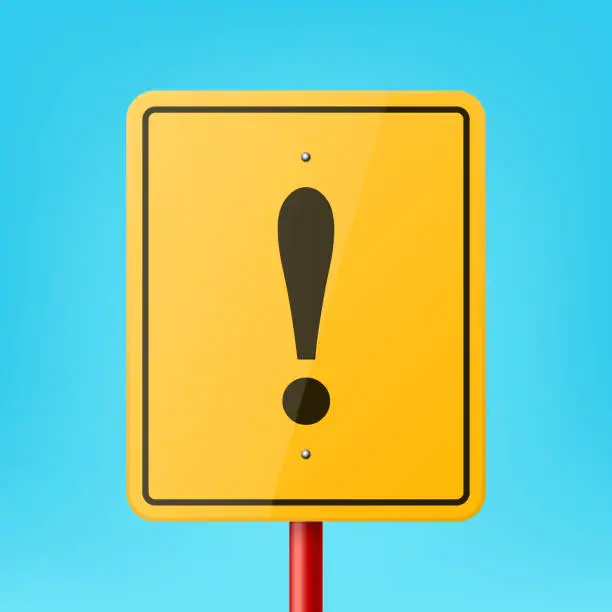 Vector illustration of Vector Yellow Rectangular Road Sign Frame with Exclamation Mark Sign, Icon, Warning Symbol Icon Closeup on Blue Background. Road Pointer Plate Design Template, Front View