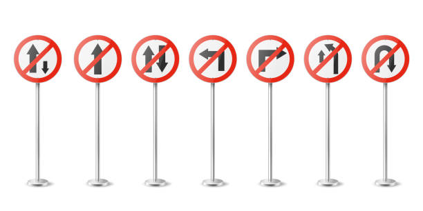 istock Vector Red and White Round Prohibition Traffic Sign with Arrow Icon Set Isolated. One Way, No Straight Ahead, Vehicles, Turn, Overtaking, U-Turn Traffic Road Plate, Sign Design Templates 1495124845