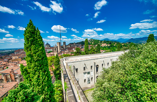 Medieval streets and buildings of Bergamo Alta on a sunny summer day, Italy.