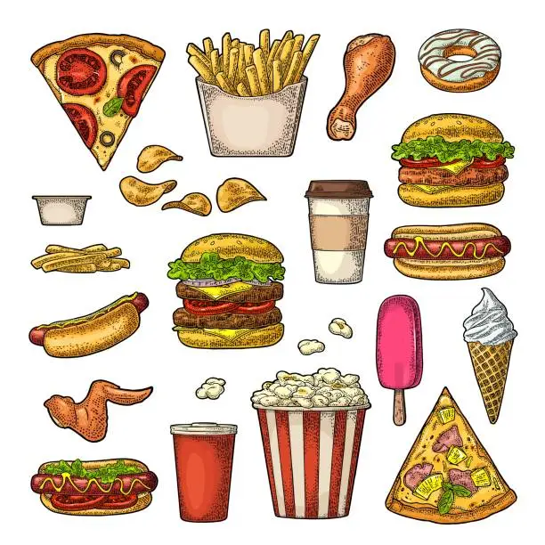 Vector illustration of Set fast food. Coffee, hamburger, pizza, hotdog, fry potato, popcorn
