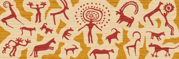 Vector illustration of Panel on the ethnic theme, a series of petroglyphs, rock paintings