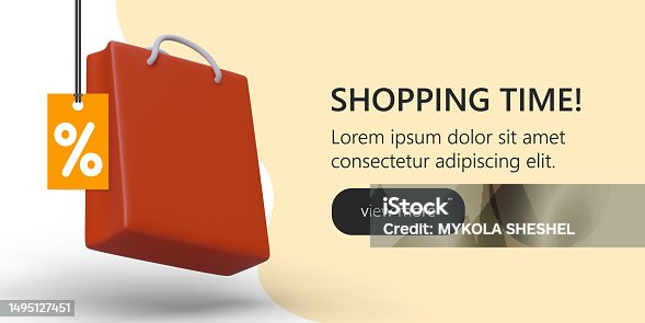 istock Landing page with cartoon creative 3d bag. Shopping time in online store 1495127451