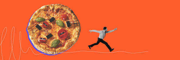 istock Businessman running forward behind giant pizza pushing hip. Deadline , planning and burning projects. Contemporary art collage. 1495129369