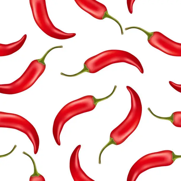 Vector illustration of Vector Seamless Pattern with 3d Realistic Red Hot Chilli Pepper on White Background. Fresh Chilli Hot Pepper Design Template for Culinary Concept. Vector Illustration