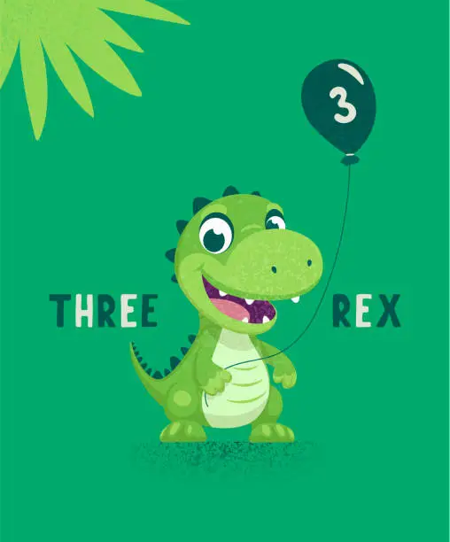 Vector illustration of Dinosaur Tirannosaur Three Rex. Cartoon Tirex. Happy Birthday Card for a Child for Three Years. Vector Cute and Funny Cartoon Hand Drawn Dinosaur Holding Balloon. Kids, Children s Illustration, Print