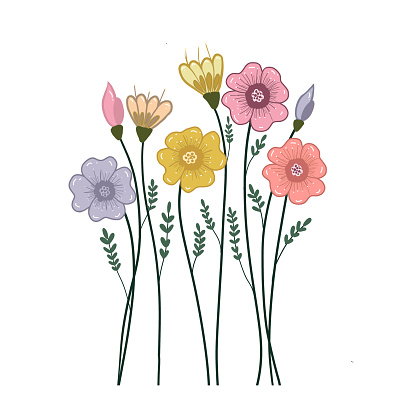 Spring flowers line art element with green leaves flat illustration in a cute cartoon clipart style in pink, yellow, and purple pastel