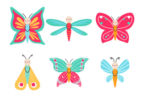 Śliczne kolorowe owady wektorowe. Płaskie wektorowe elementy projektu – artystyczna grafika wektorowa