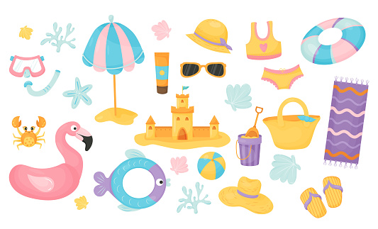 Summer collection. Sand castle, sun umbrella, life buoy, flamingos, ball, beach items and shells, mask with snorkel, crab and swimsuit. Vector illustration in cartoon style. Isolated cute elements