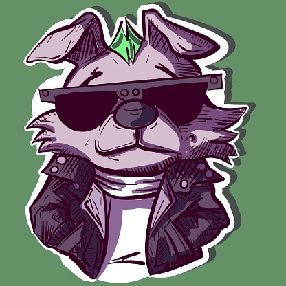 Digital art of a cool punk dog wearing sunglasses and a leather jacket. Metalhead puppy wearing rocker clothes.