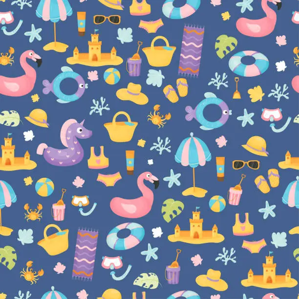 Vector illustration of Seamless pattern with summer sea holiday attributes on blue background. Beach accessories, swimsuit, straw hat, flip flops, rubber ring, shells, flamingo and sun umbrella. Vector cartoon illustration.