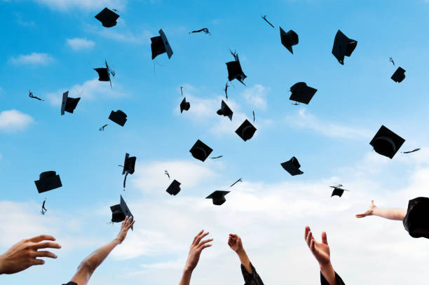 istock Graduating students hands throwing graduation caps in the air 1495139674