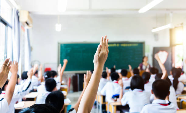 istock Rear view of raised hands in middle school classroom 1495140065