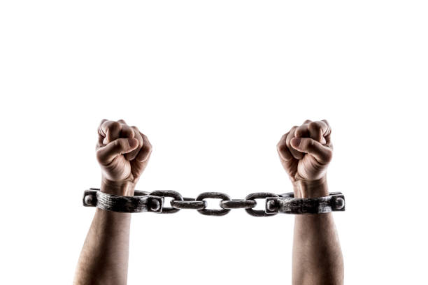 istock Shackled hands isolated on white background with clipping path 1495142090