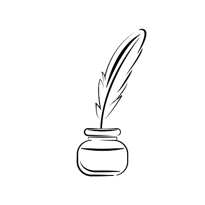 Feather and Ink bottle  - icon. Bird feather graphic black line minimalistic vector isolated on white background. To illustrate the processes of education, science, ease, write the text.
