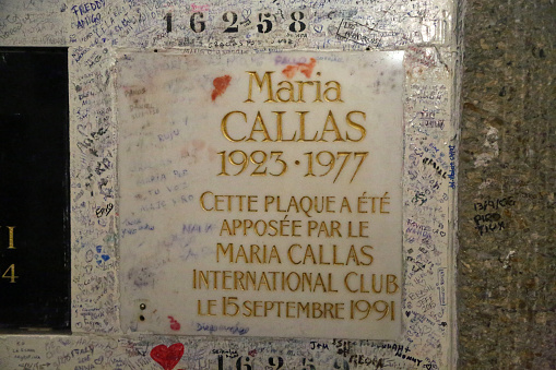 Honor niche for opera singer Maria Callas in Columbarium of historic Pere Lachaise Cemetery - Paris, France
