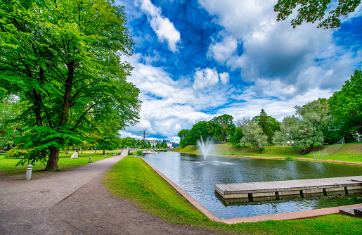 Parnu, Estonia - July 6, 2017: Parnu city park on a sunny summer day.