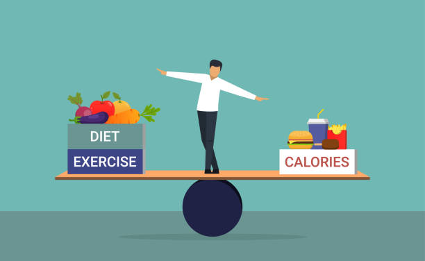 illustrazioni stock, clip art, cartoni animati e icone di tendenza di bilanciamento tra calorie con esercizio fisico e dieta, bilancia e pesatura che mangiamo e bruciamo, calorie in entrata e calorie fuori, dieta sana - dieting weight scale carbohydrate apple