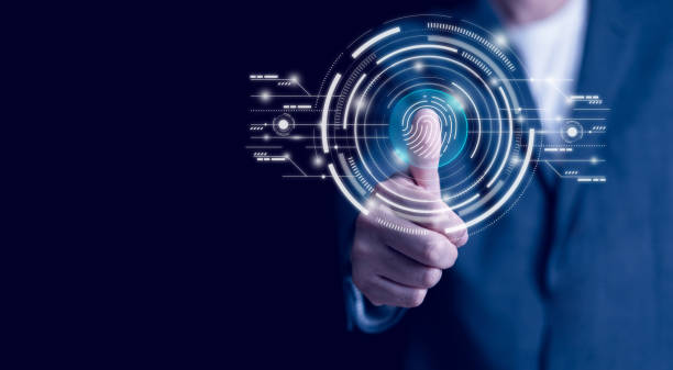 istock Businessman scans fingerprints on virtual screen. Cybersecurity concept, password user login, and fingerprint scan. , secure access to personal information, and secure Internet access. 1495148955