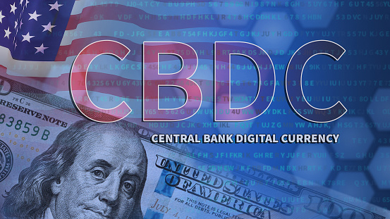 CBDC Central Bank Digital Currency logo on digital background. Business technology, financial, blockchain, exchange, money and digital asset. 3d illustration