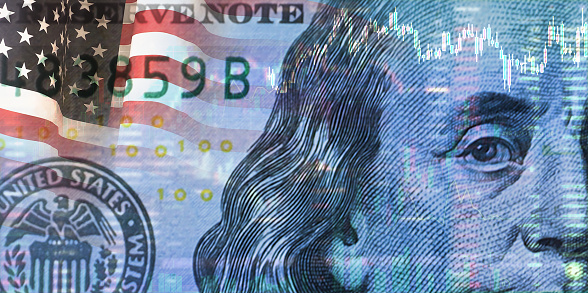 Closeup dollar on the background of a chart. U.S. economy. Decrease in profit. Recession. The economic crisis in America. 3d illustration