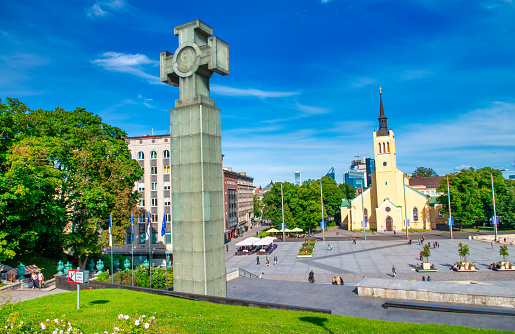 Tallinn, Estonia - July 15, 2017: Tallinn independence square on a sunny summer day.