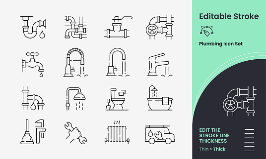 Plumbing Icon collection containing 16 editable stroke icons. Perfect for logos, stats and infographics. Edit the thickness of the line in any vector capable app.