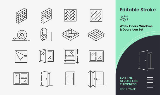 Walls, Floors, Windows and Doors Stroked Vector Icon Set Walls, Floors, Windows and Doors Icon collection containing 16 editable stroke icons. Perfect for logos, stats and infographics. Edit the thickness of the line in any vector capable app. roll a door stock illustrations