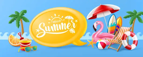 Vector illustration of Hello Summer poster or banner template with Pink Flamingo Pool Float, Beach Chairs, Beach Umbrella,Surfboards and Summer element on blue background. Promotion and shopping template for Summer