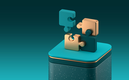 Golden and blue Jigsaw puzzle pieces on a platform. Problem-solving, business concept on dark background. 3d rendering