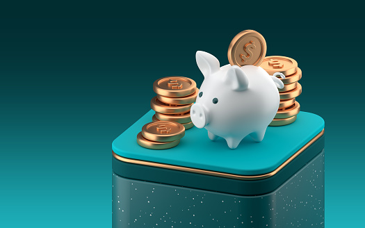 Piggy bank with dollar coin on a platform. Finance, saving money, white piggy bank with stacks of money, coins on dark background. 3d rendering.