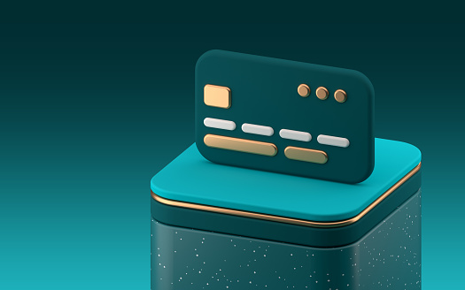 Bank credit debit card on a platform. Deposit credit range advertisement, cashless society concept on dark background. 3d rendering