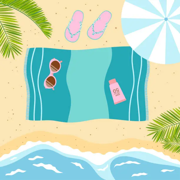 Vector illustration of flat vector illustration with towel on beach