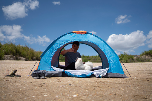 man camping outdoors and pet dog playing on the beach
