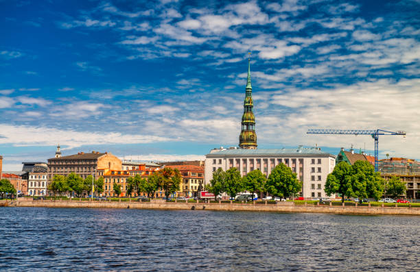 Riga, Latvia - July 7, 2017: Riga skyline seen from the city river.