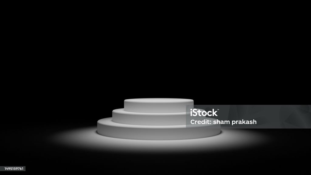 3d illustration of cylinder podium. Glowing light semi circles layers scene. Abstract minimal scene mockup products display, Stage showcase. Abstract Stock Photo