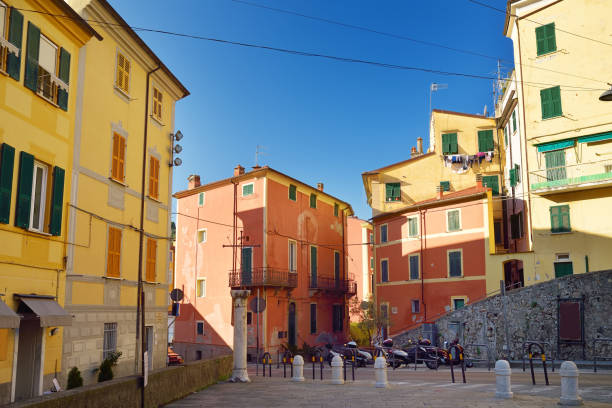 Colorful houses of Lerici town, located in the province of La Spezia in Liguria, part of the Italian Riviera stock photo