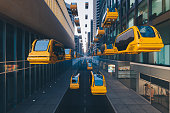 Futuristic City With Flying Yellow Taxis Through Buildings