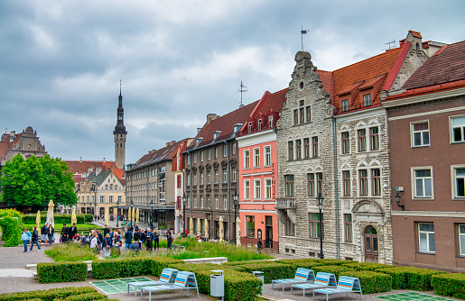 Tallinn, Estonia - July 2, 2017: Streets and buildings of Tallinn on a cloudy summer day.