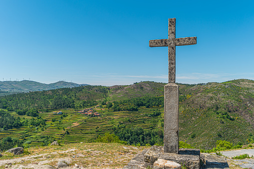 Viewpoint of the Terraces (Miradouro dos Socalcos), overlooking the Agricultural terraces (famous Tibete style landscape view), Porta Cova place, Sistelo, Arcos de Valdevez, Portugal.
