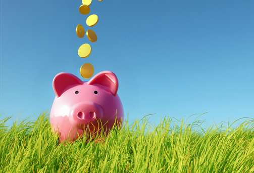 Coins rain down from the sky into the pink piggy bank