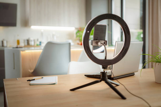 Ring light and mobile phone ready for recording new video at home