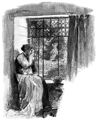 Puritan woman sitting by a window in New England, USA. Vintage etching circa 19th century.