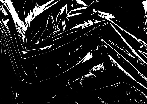 Polyethylene texture. Grunge effect. Transparent stretched cling film. Overlay grunge texture. Black and white vector background. Crumpled warp plastic. Defect, scuff template. Wrinkled packaging