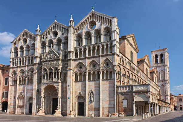 Ferrara, Emilia Romagna, Italy: the Romanesque catholic cathedral, landmark of the ancient Italian city stock photo