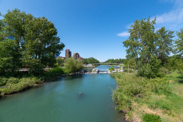 istock Scenic views along the Bow River pathway area for pedestrians, bicycles during summer spring on beautiful blue sky day. 1495171476