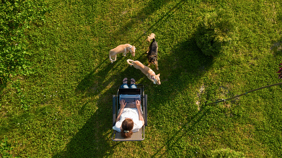 Woman working and using laptop in the backyard of her house at countryside. She is carefree at beautiful sunny day surrounded with beautiful landscape. View from above, photo made with drone