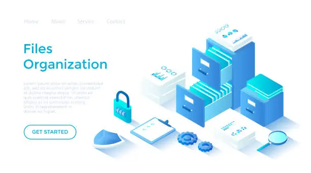 Vector illustration of File organization service. Document archiving concept. Organized data storage system. Drawers with folders and documents. Landing page template for web on white background.