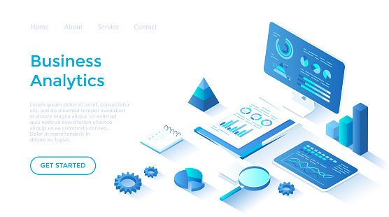 Business analytics, data analysis, finance report. Documents, monitor, tablet with graphs and charts. Isometric illustration. Landing page template for web on white background.